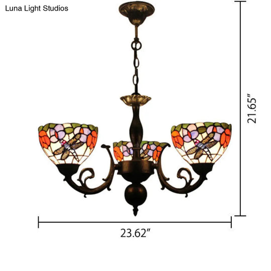 Retro Stained Glass Dragonfly Bowl Chandelier - 3-Light Pendant Lamp With Floral Pattern