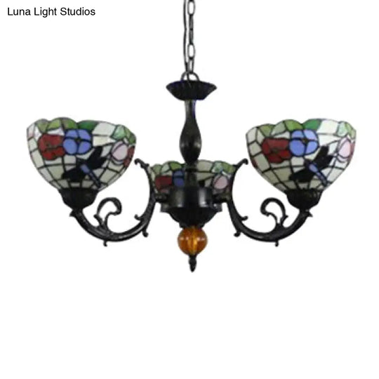 Stained Glass 3-Light Ceiling Pendant Chandelier - Retro Bowl Design With Dragonfly And Flower