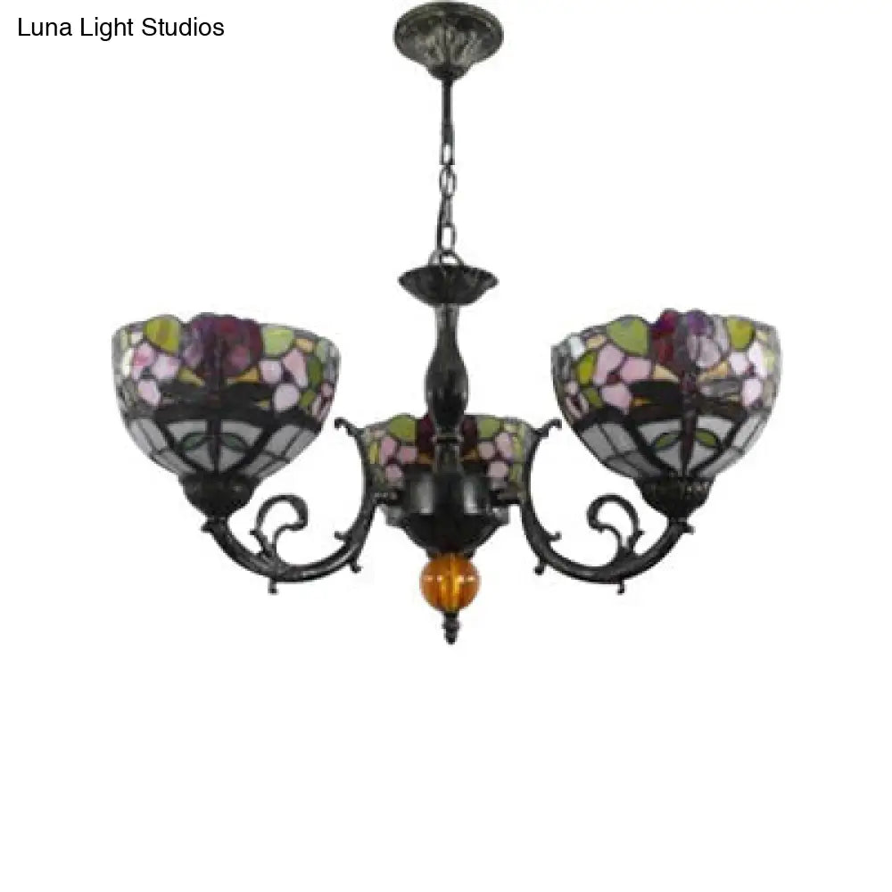 Retro Stained Glass Dragonfly Bowl Chandelier - 3-Light Pendant Lamp With Floral Pattern