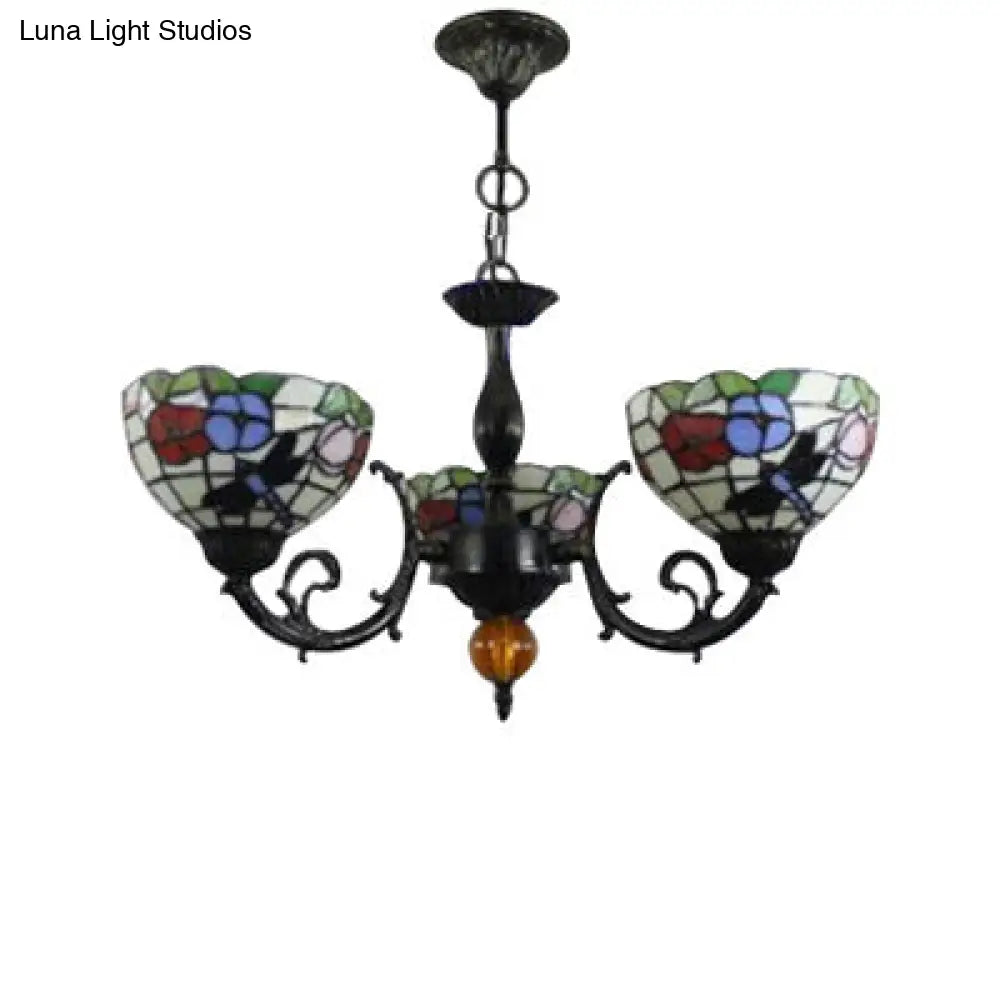 Retro Stained Glass Dragonfly Bowl Chandelier - 3-Light Pendant Lamp With Floral Pattern