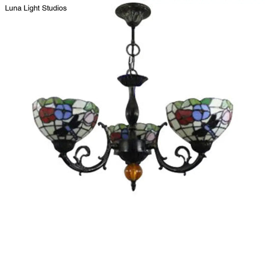 Retro Stained Glass Dragonfly Bowl Chandelier - 3-Light Pendant Lamp With Floral Pattern