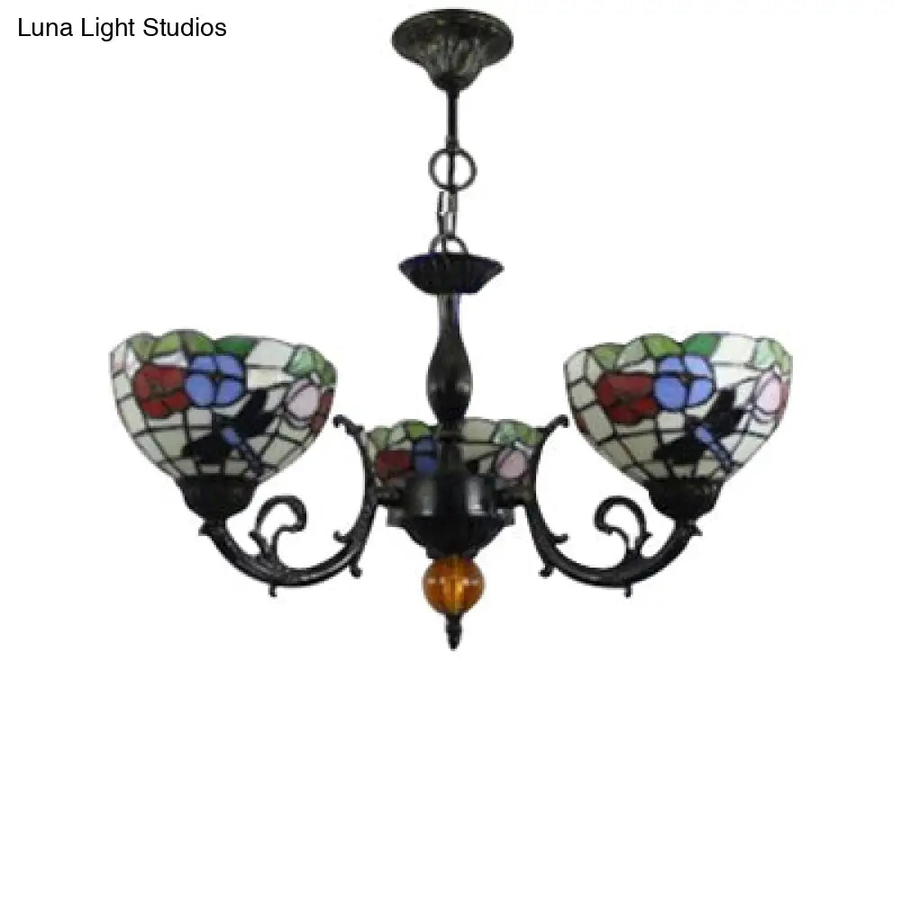 Stained Glass 3-Light Ceiling Pendant Chandelier - Retro Bowl Design With Dragonfly And Flower