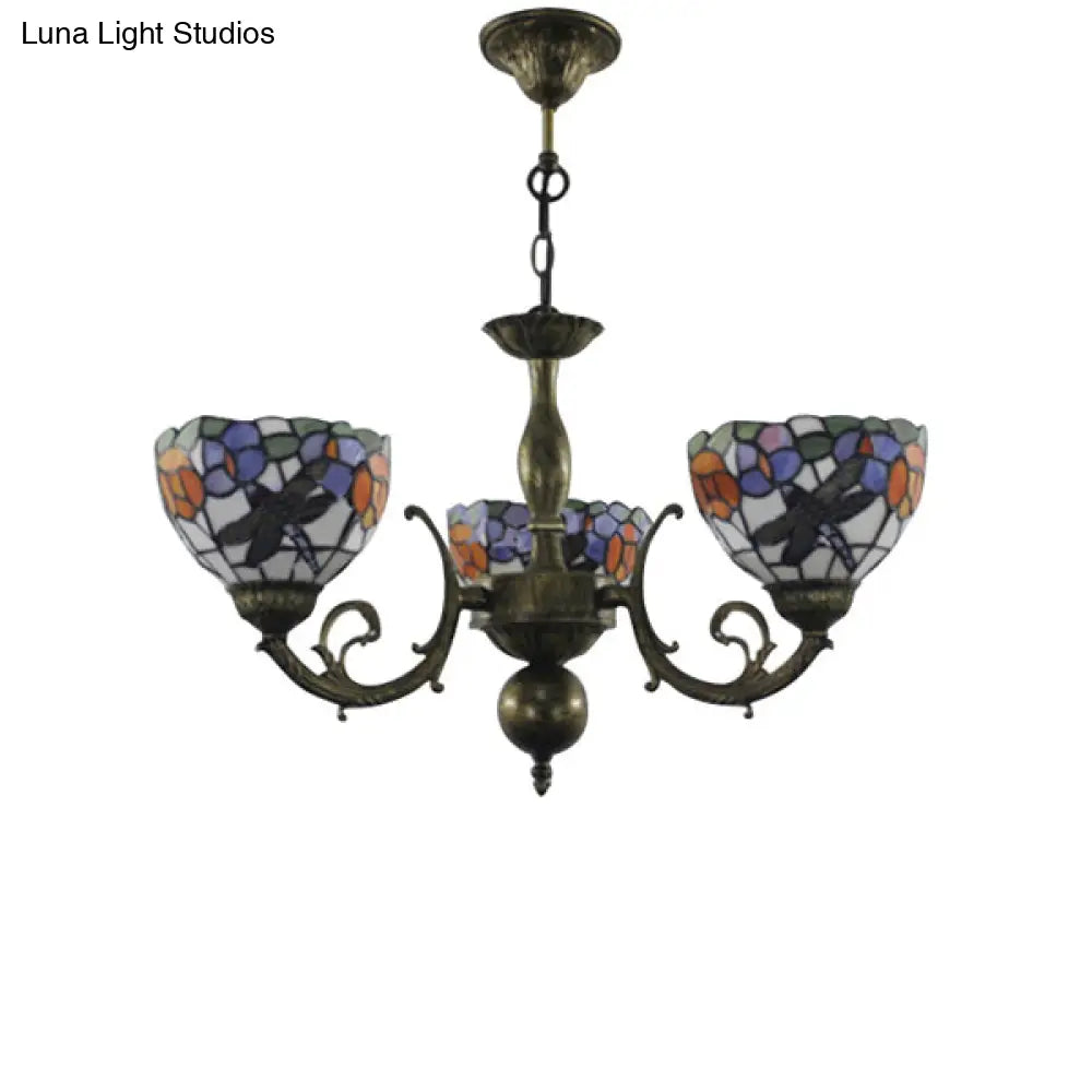 Retro Stained Glass Dragonfly Bowl Chandelier - 3-Light Pendant Lamp With Floral Pattern