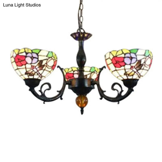 Retro Stained Glass Dragonfly Bowl Chandelier - 3-Light Pendant Lamp With Floral Pattern Black /