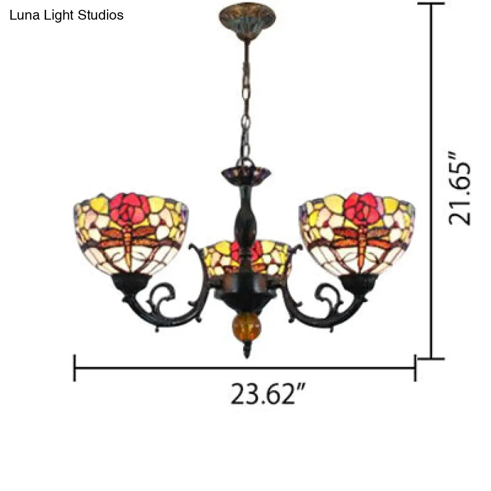 Retro Stained Glass Dragonfly Bowl Chandelier - 3-Light Pendant Lamp With Floral Pattern