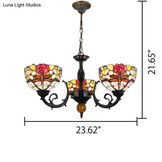 Retro Stained Glass Dragonfly Bowl Chandelier - 3-Light Pendant Lamp With Floral Pattern