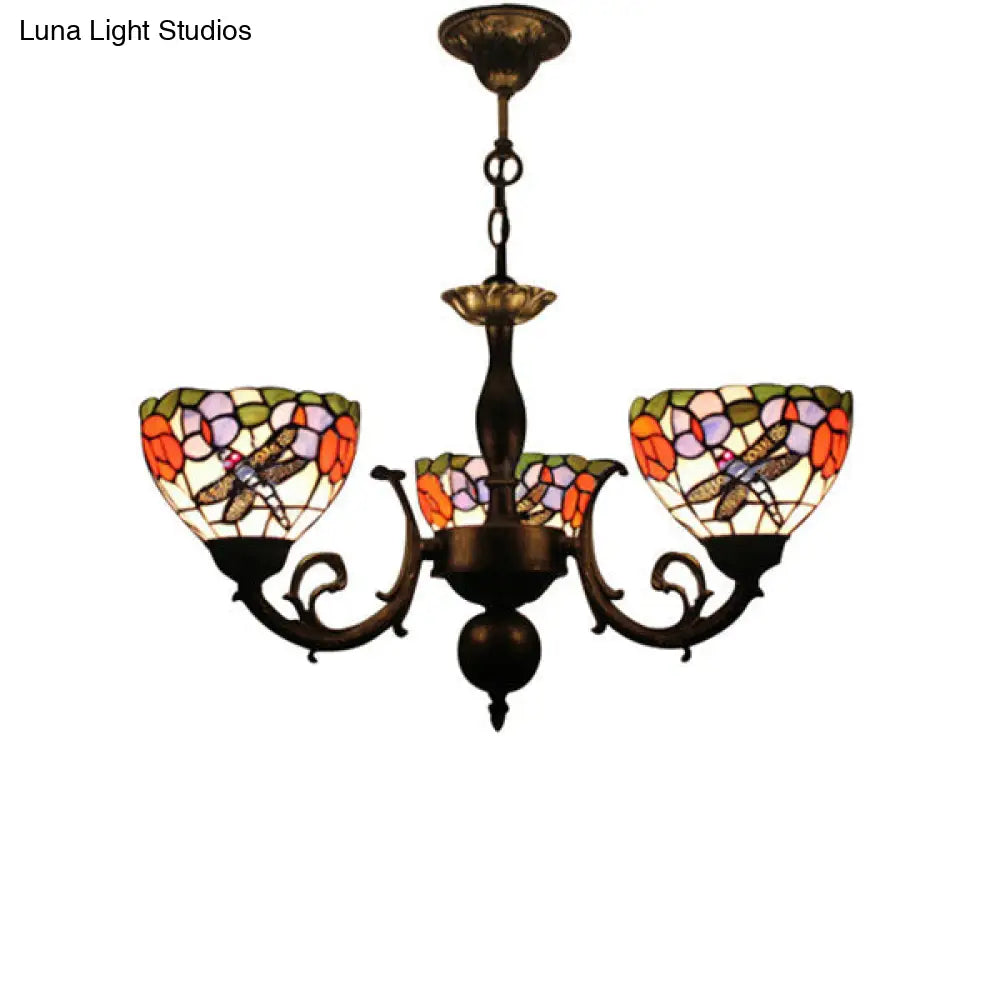 Retro Stained Glass Dragonfly Bowl Chandelier - 3-Light Pendant Lamp With Floral Pattern Black /