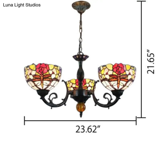 Stained Glass 3-Light Ceiling Pendant Chandelier - Retro Bowl Design With Dragonfly And Flower