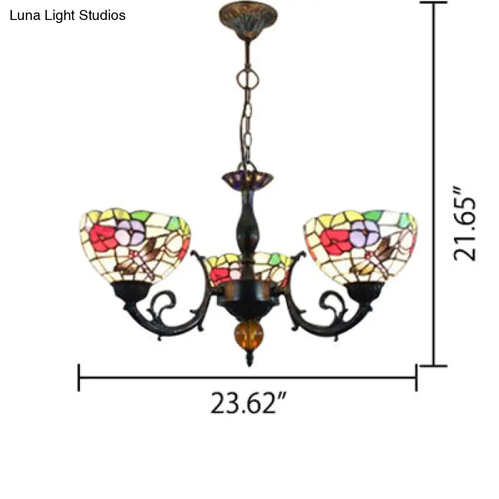 Retro Stained Glass Dragonfly Bowl Chandelier - 3-Light Pendant Lamp With Floral Pattern