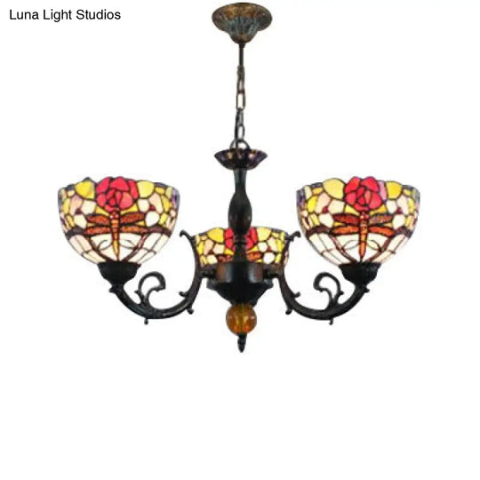 Retro Stained Glass Dragonfly Bowl Chandelier - 3-Light Pendant Lamp With Floral Pattern Black /