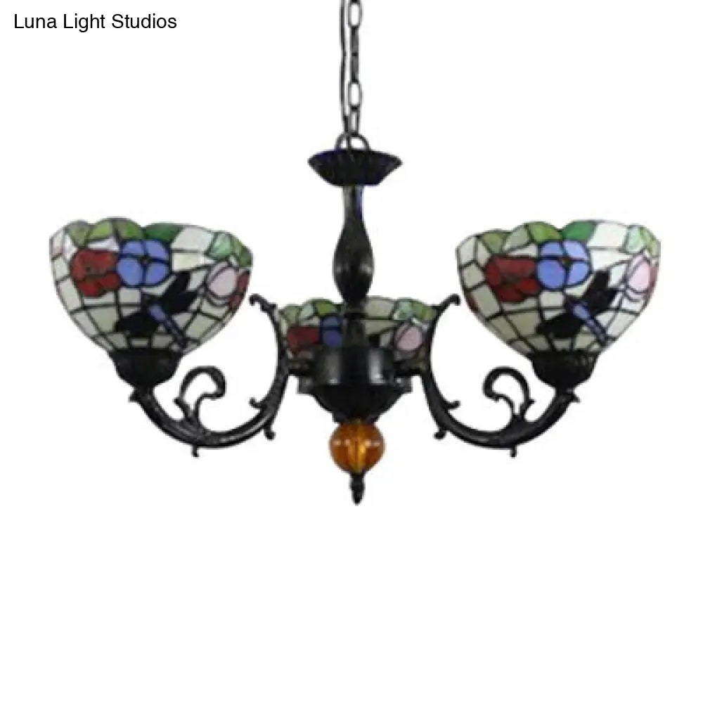 Retro Stained Glass Dragonfly Bowl Chandelier - 3-Light Pendant Lamp With Floral Pattern