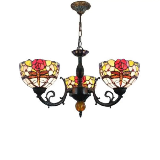 Stained Glass 3-Light Ceiling Pendant Chandelier - Retro Bowl Design With Dragonfly And Flower