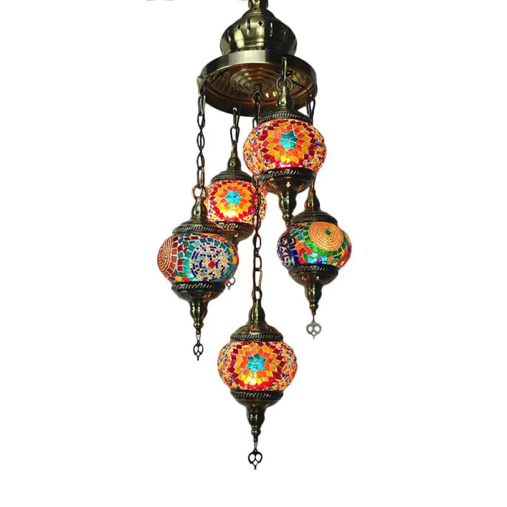 Stained Glass 5-Head Oval Chandelier With White Orange And Blue Lighting For Traditional Living Room