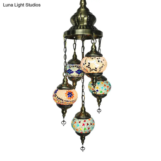 Stained Glass 5-Head Oval Chandelier With White Orange And Blue Lighting For Traditional Living Room