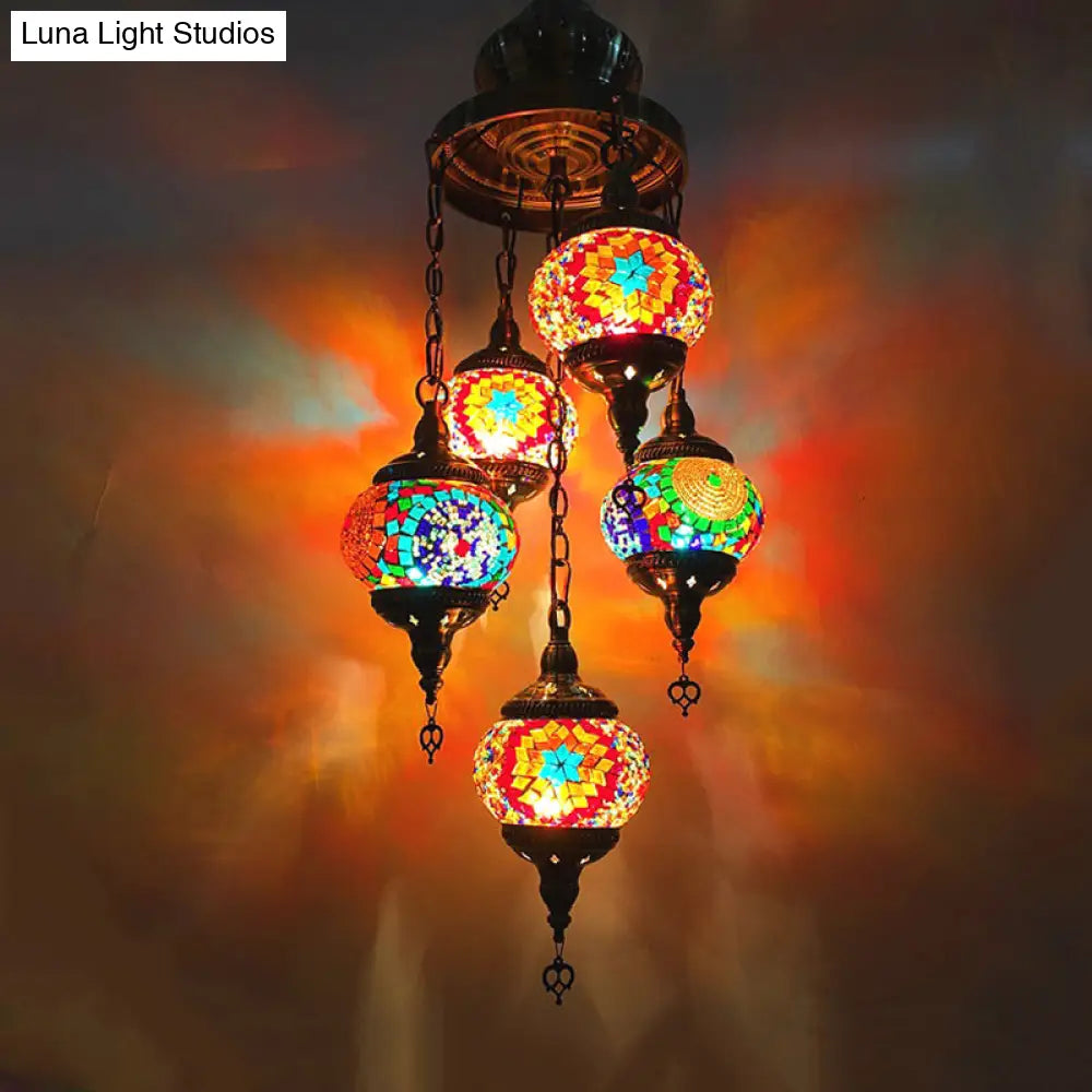 Stained Glass 5-Head Oval Chandelier With White Orange And Blue Lighting For Traditional Living Room