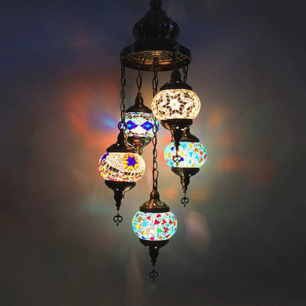 Stained Glass 5-Head Oval Chandelier With White Orange And Blue Lighting For Traditional Living Room