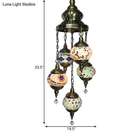 Stained Glass 5-Head Oval Chandelier With White Orange And Blue Lighting For Traditional Living Room