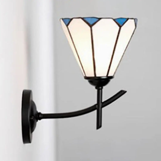 Stained Glass Arm Sconce Light: 1-Light Tiffany Wall Mount In White/Blue/Clear For Bedroom White /