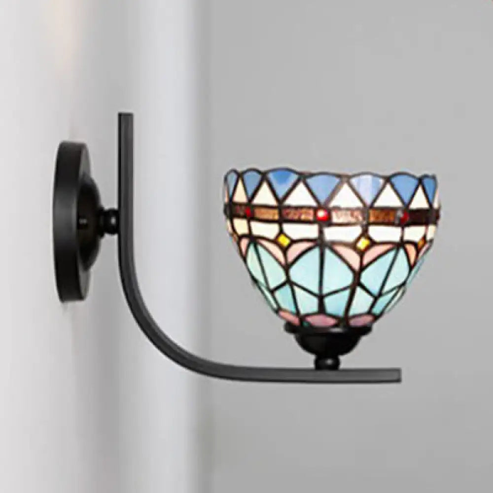 Stained Glass Arm Sconce Light: 1-Light Tiffany Wall Mount In White/Blue/Clear For Bedroom Blue /