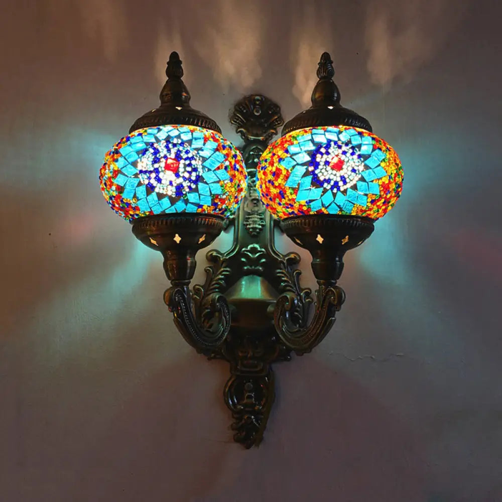 Stained Glass Ball Wall Sconce With Dual Head - Traditional Mount Light In White/Yellow/Sky Blue Sky