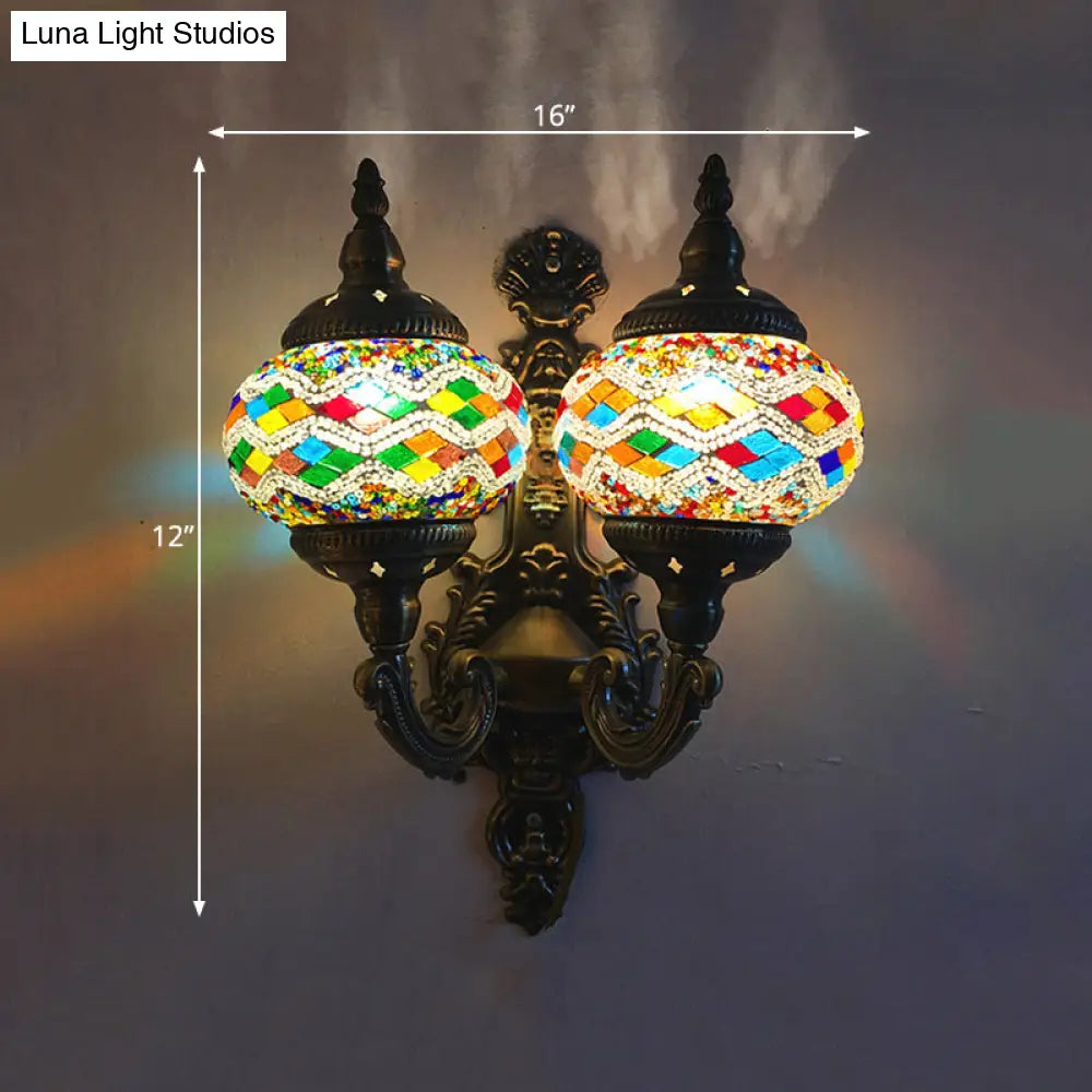 Stained Glass Ball Wall Sconce With Dual Head - Traditional Mount Light In White/Yellow/Sky Blue