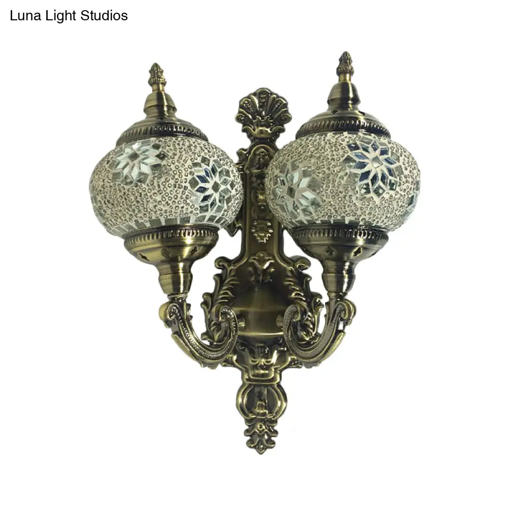 Stained Glass Ball Wall Sconce With Dual Head - Traditional Mount Light In White/Yellow/Sky Blue