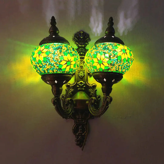 Stained Glass Ball Wall Sconce With Dual Head - Traditional Mount Light In White/Yellow/Sky Blue