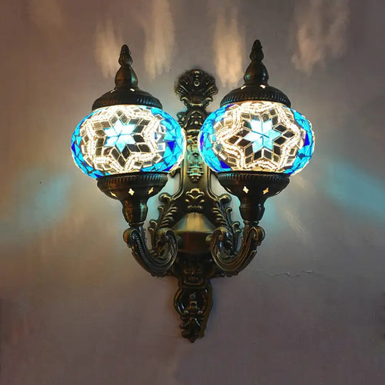 Stained Glass Ball Wall Sconce With Dual Head - Traditional Mount Light In White/Yellow/Sky Blue