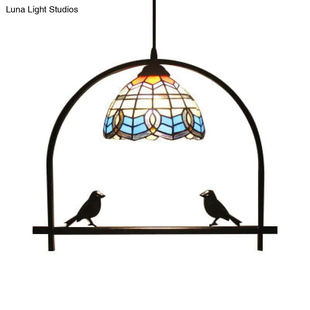 Stained Glass Baroque Ceiling Pendant With Bird For Living Room