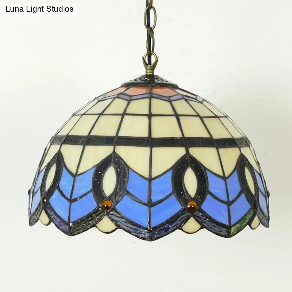 Baroque Dome Stained Glass Pendant Light - Elegant Indoor Lighting For Foyer Yellow-Blue