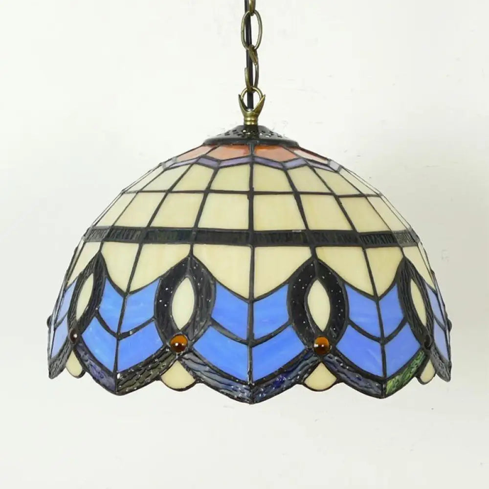 Stained Glass Baroque Dome Pendant Light For Foyer 1-Light Indoor Lamp Yellow-Blue