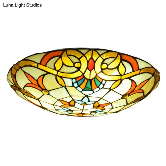 Stained Glass Baroque Flush Mount Ceiling Light Fixture With Bowl Shape Design Brown / 12