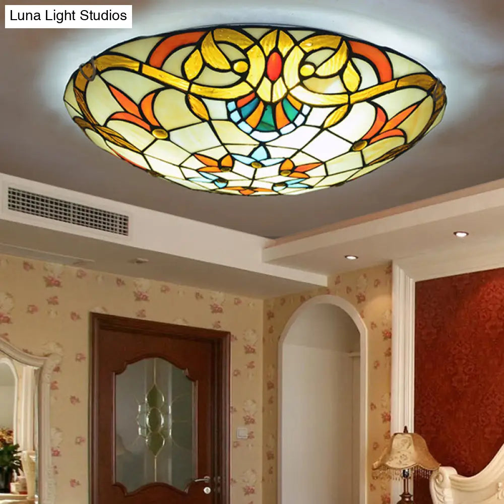 Stained Glass Baroque Flush Mount Ceiling Light Fixture With Bowl Shape Design