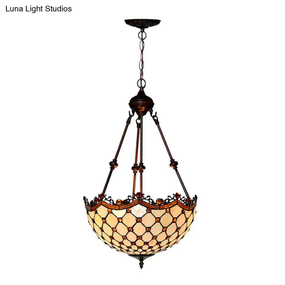 White Baroque Stained Glass Beaded Chandelier - 2/3 Lights Elegant Suspension Lighting For Corridor