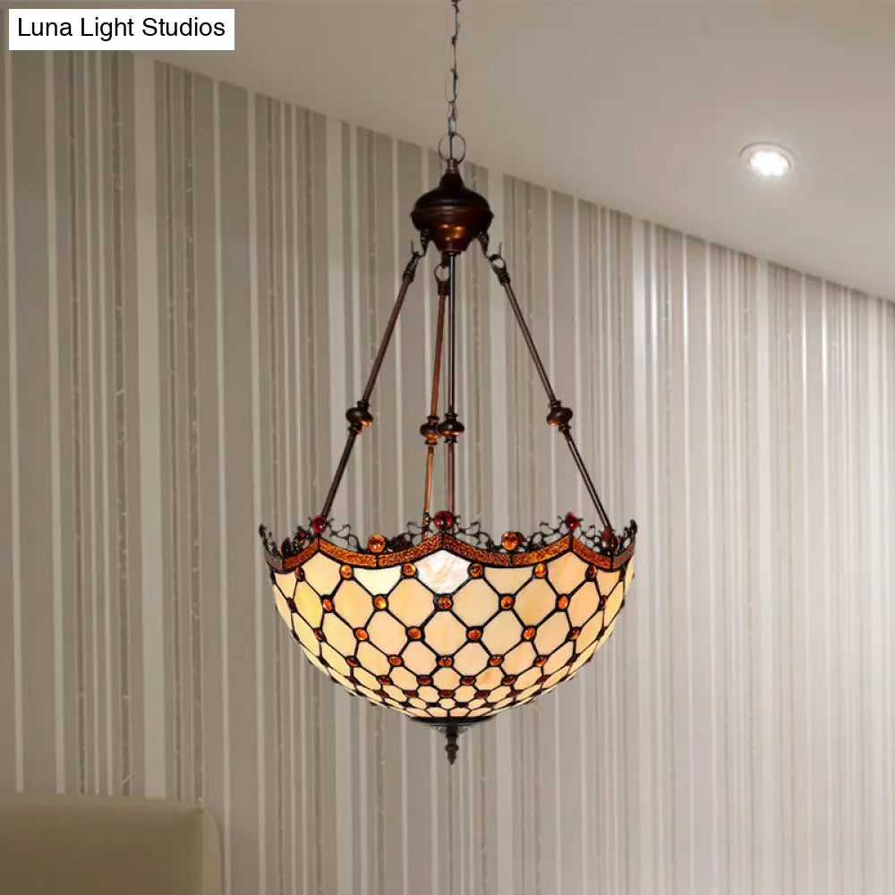 White Baroque Stained Glass Beaded Chandelier - 2/3 Lights Elegant Suspension Lighting For Corridor