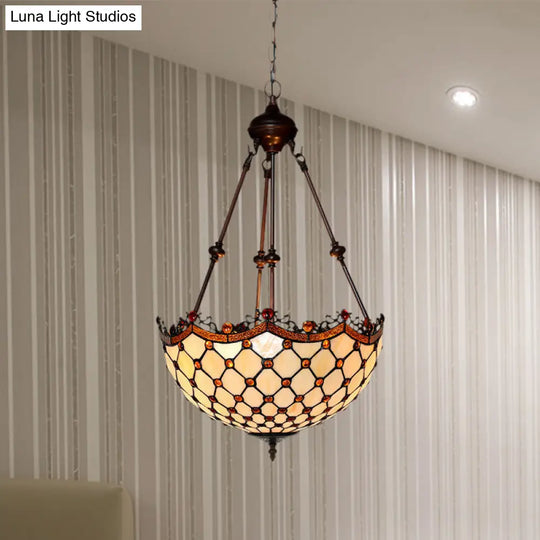 White Baroque Stained Glass Beaded Chandelier - 2/3 Lights Elegant Suspension Lighting For Corridor