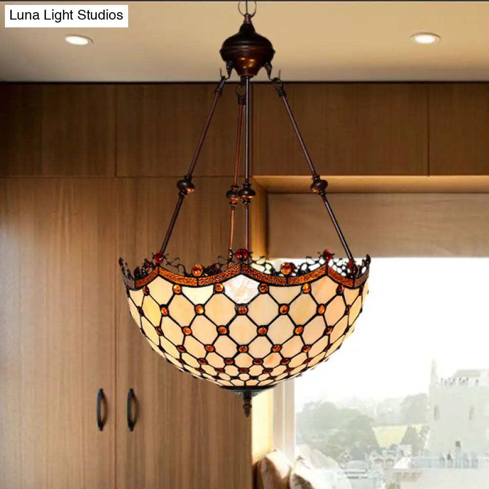 White Baroque Stained Glass Beaded Chandelier - 2/3 Lights Elegant Suspension Lighting For Corridor