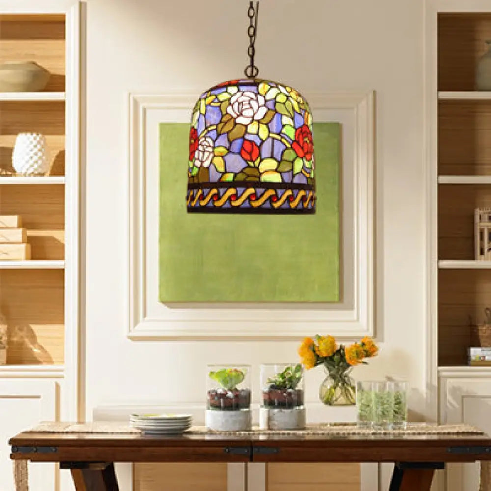 Stained Glass Bell Pendant Lamp – Tiffany Style Purple-Red With 1 Bulb