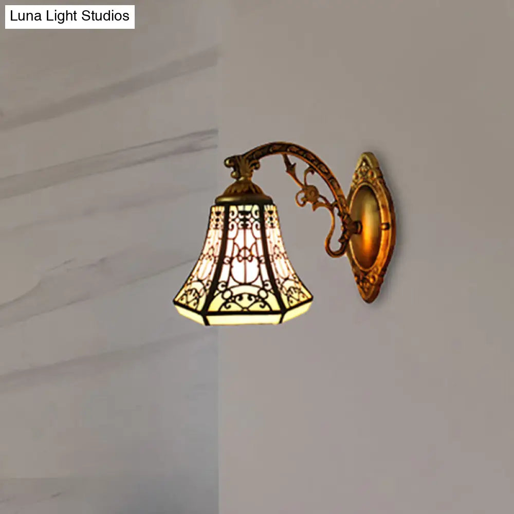 Stained Glass Bell Wall Sconce With Aged Brass Arm - Lodge 1 Light Mount