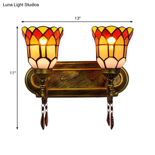 Stained Glass Bell Wall Sconce With Crystal Accents - Rustic Lodge Style In Brass (2 Lights)