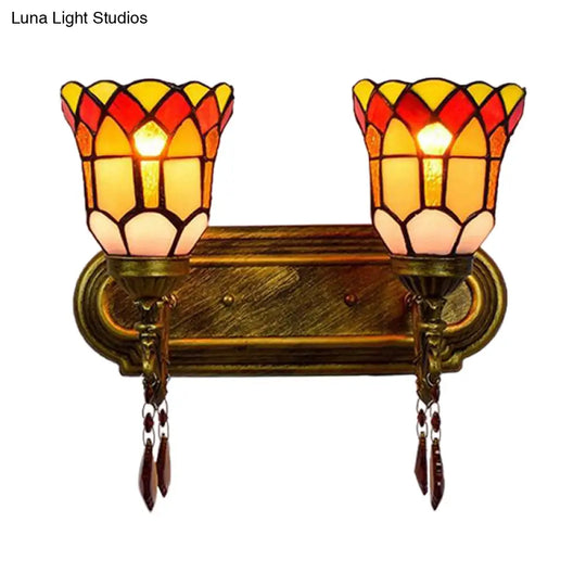 Stained Glass Bell Wall Sconce With Crystal Accents - Rustic Lodge Style In Brass (2 Lights)