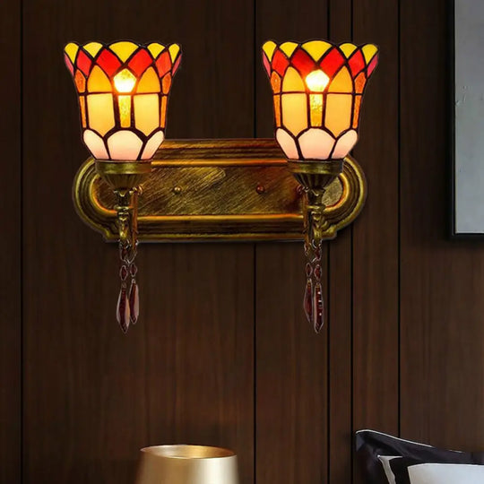 Stained Glass Bell Wall Sconce With Crystal Accents - Rustic Lodge Style In Brass (2 Lights)