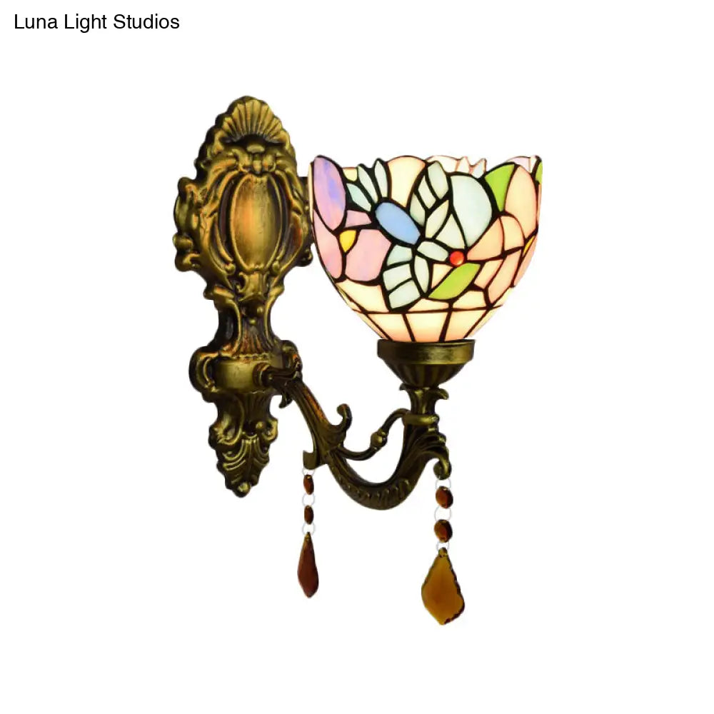 Stained Glass Blossom Bird Wall Sconce With Agate Deco In Antique Brass For Bedroom