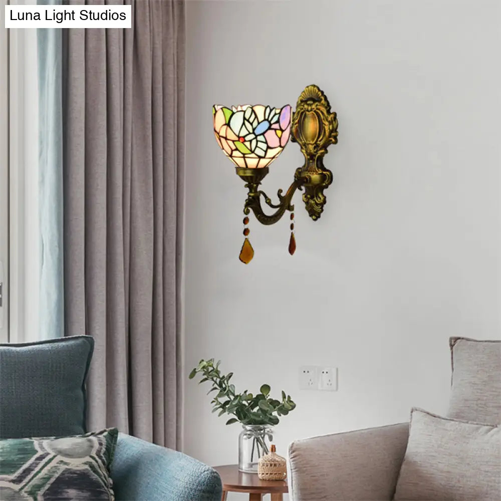 Stained Glass Blossom Bird Wall Sconce With Agate Deco In Antique Brass For Bedroom