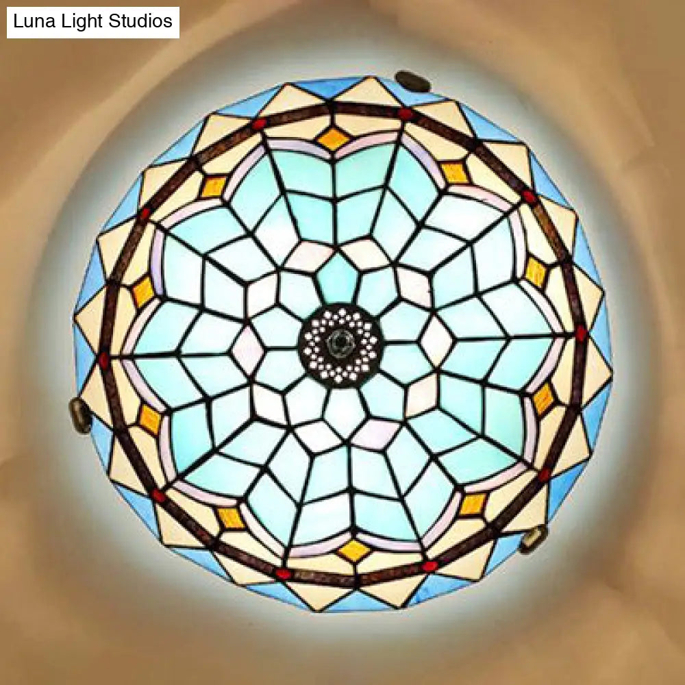 Stained Glass Bowl Flush Mount Ceiling Light - Lodge Style 1/2/4 Blue/Light Blue 12’/16’/19.5’ Width