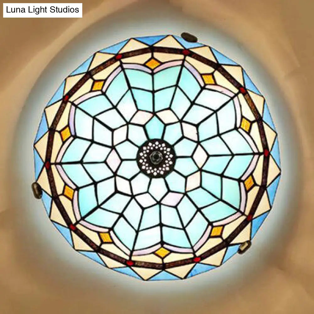 Stained Glass Bowl Flush Mount Ceiling Light - Lodge Style 1/2/4 Blue/Light Blue 12/16/19.5 Width