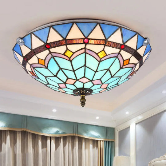Stained Glass Bowl Flush Mount Ceiling Light - Lodge Style 1/2/4 Blue/Light Blue