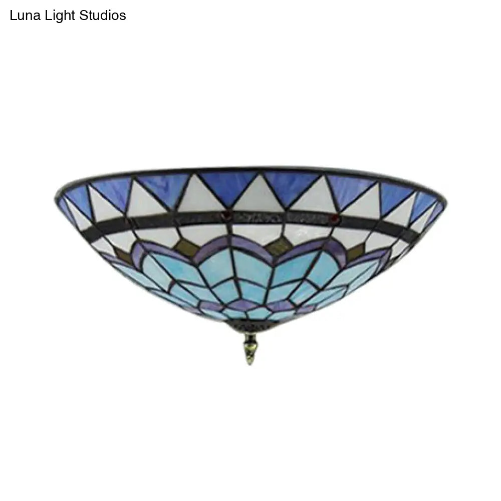 Stained Glass Bowl Flush Mount Ceiling Light - Lodge Style 1/2/4 Blue/Light Blue 12’/16’/19.5’ Width