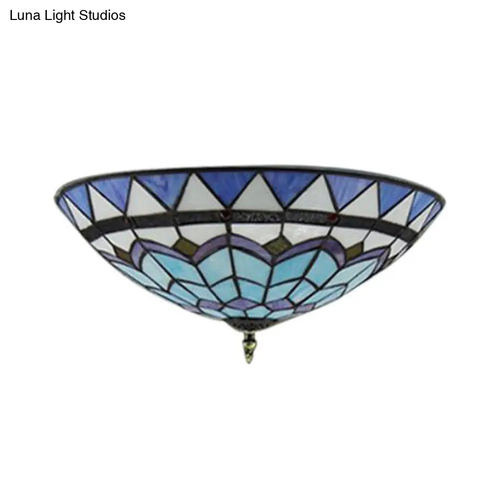 Stained Glass Bowl Flush Mount Ceiling Light - Lodge Style 1/2/4 Blue/Light Blue 12/16/19.5 Width