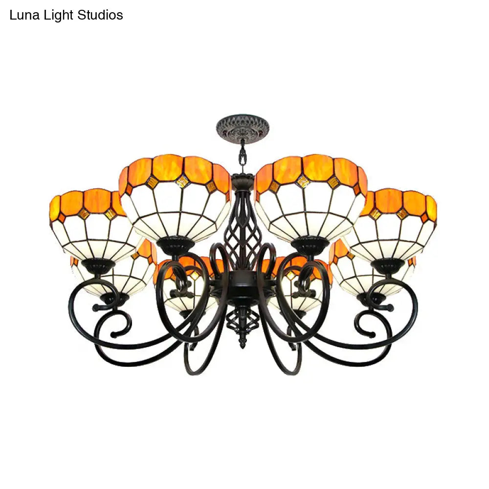 Stained Glass Bowl Hanging Light - Adjustable Metal Chain Tiffany Chandelier In Orange